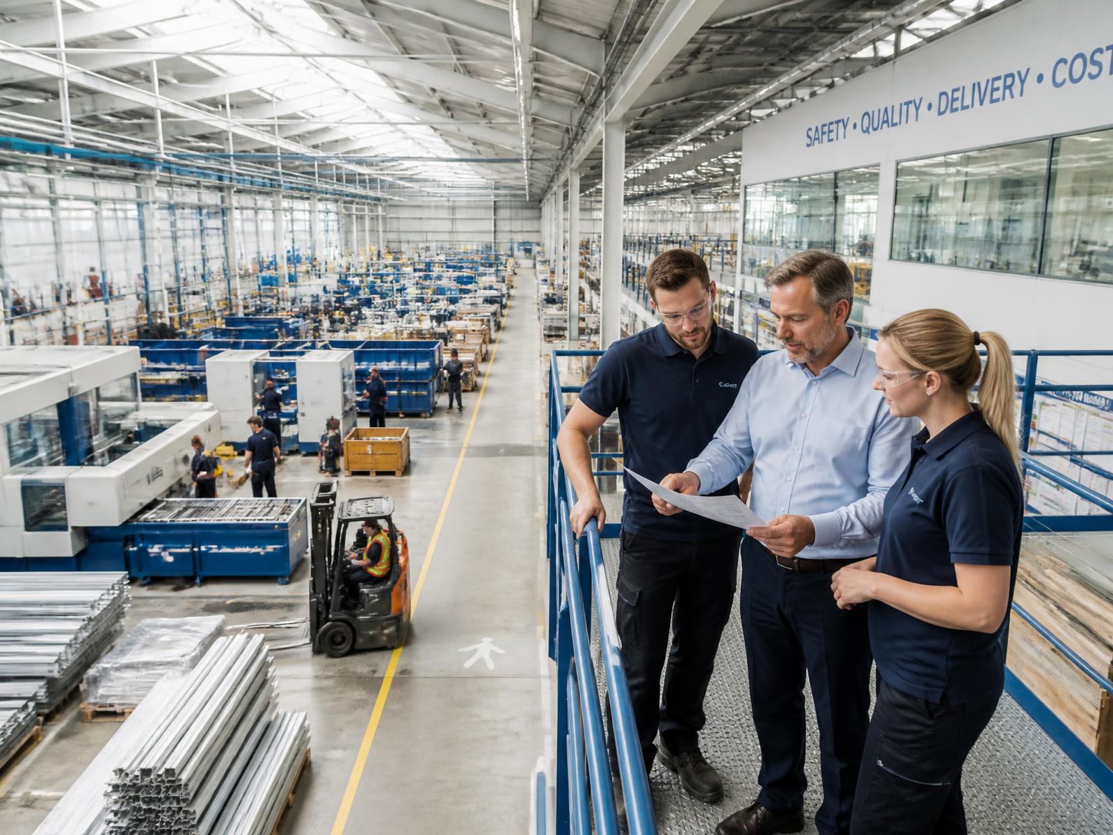 Plant manager and two engineers on a mezzanine reviewing a printed plan above a working production floor.