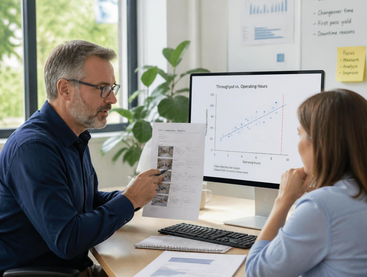 Two colleagues comparing a printed evidence sheet with a simple production chart.